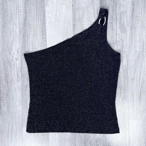 Y2K Black Glitter One Shoulder Ring Strap Tank Top Going Out Club Party - Picture 2 of 6